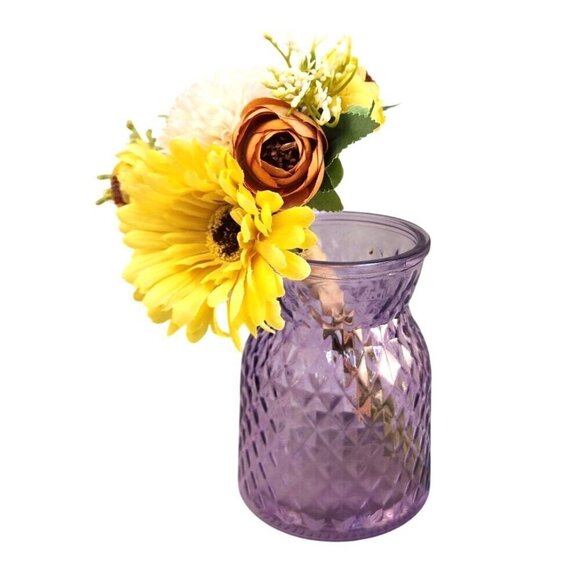 Spring Artificial Yellow & Peach Flowers In Purple Diamond Pattern Glass Vase - Picture 3 of 9